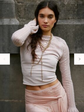 Free People Mina Lace Blouse M Pink Long Sleeve Sheer Sleeve Top